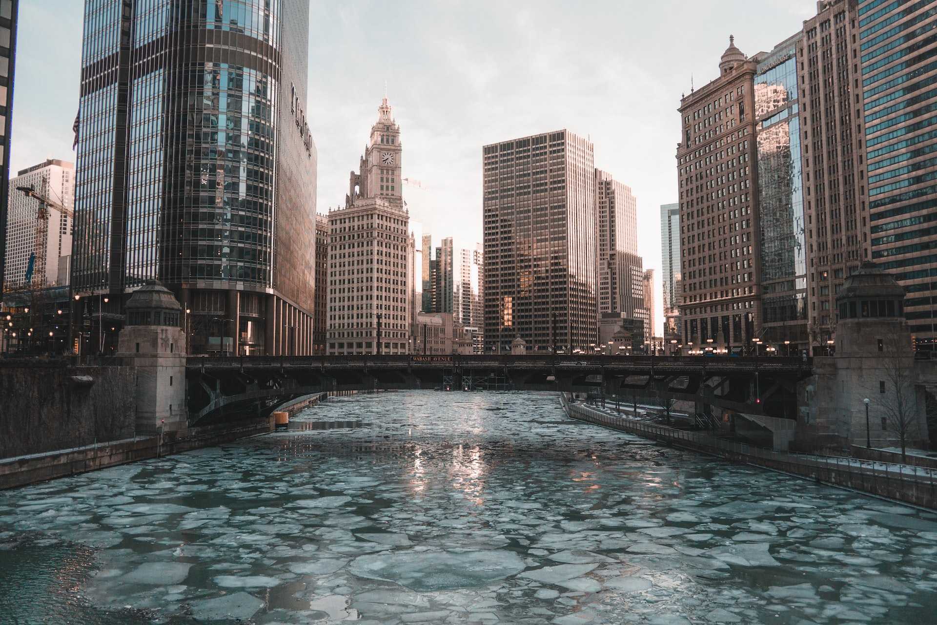 frozen water under a bridge in the city