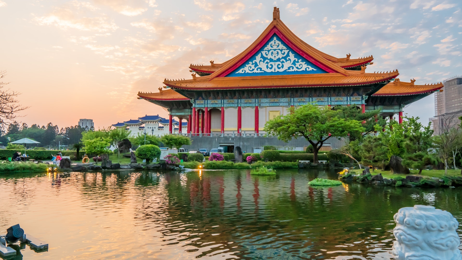 Building Beside a Pond and Garden