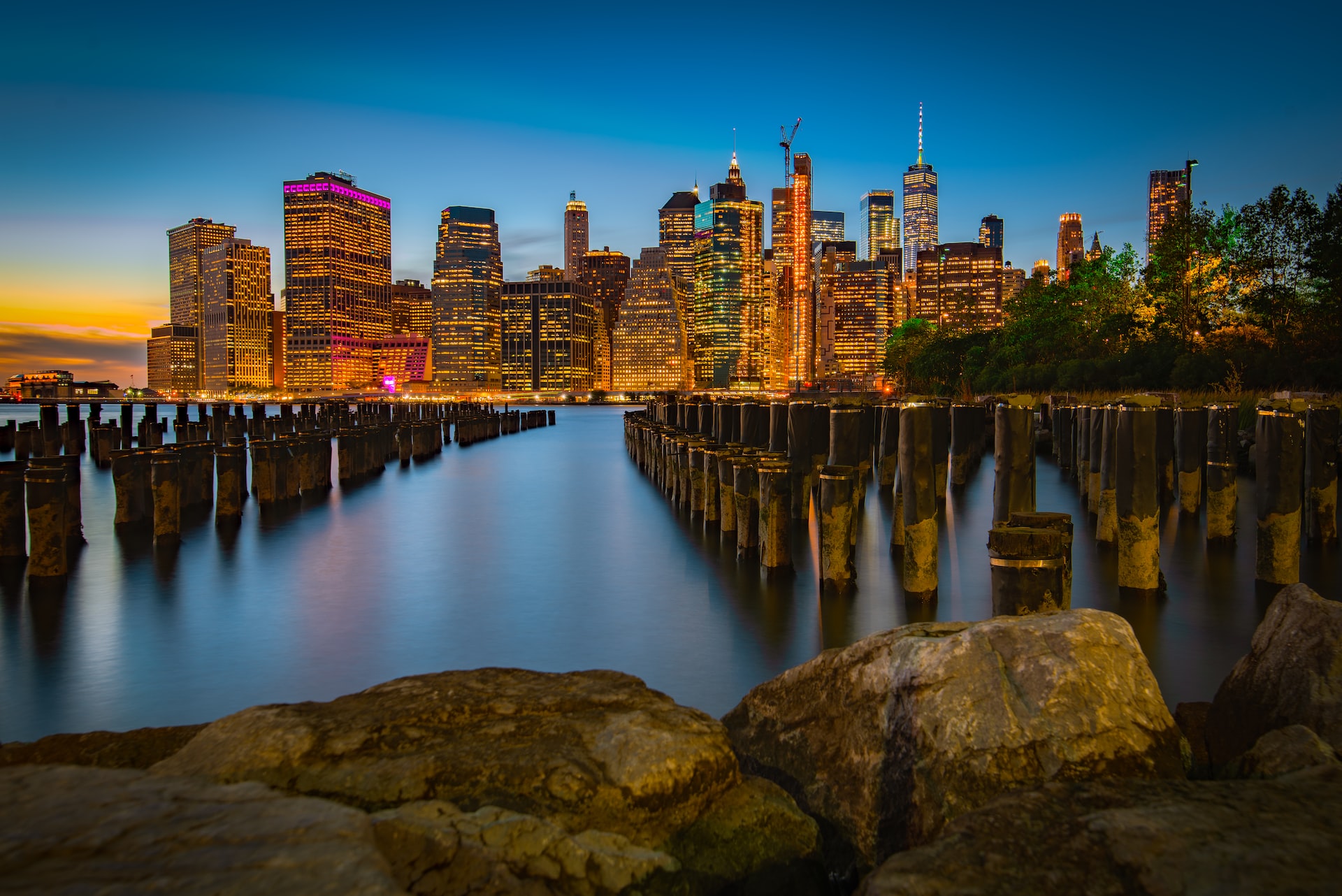 lighted high-rise buildings