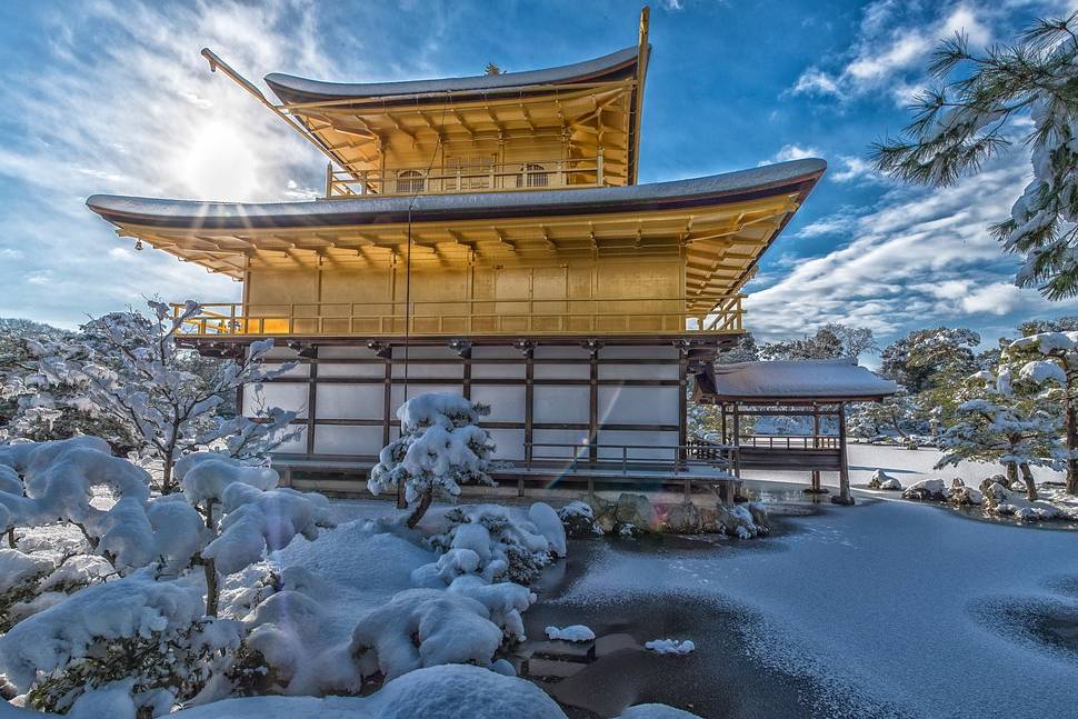 kinkakuji temple, snow, backlight