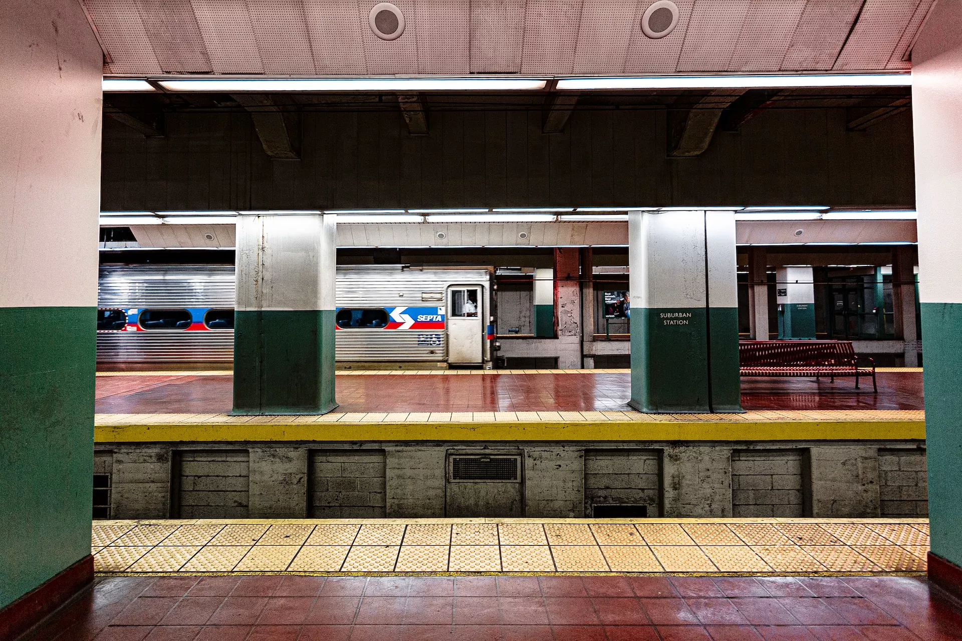 white and green train station